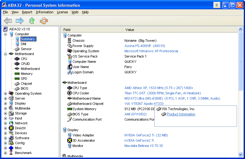 AIDA32 - Personal System Information Screenshot